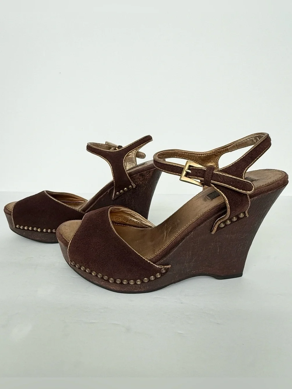Vintage Prada Brown Suede Studded Platform Wedge Slingback Sandals 35.5/5.5